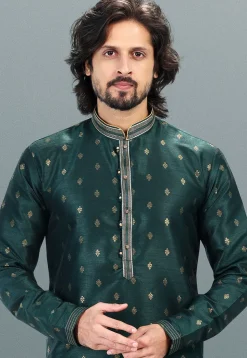 Woven Art Silk Jacquard Kurta Set in Dark Teal Green