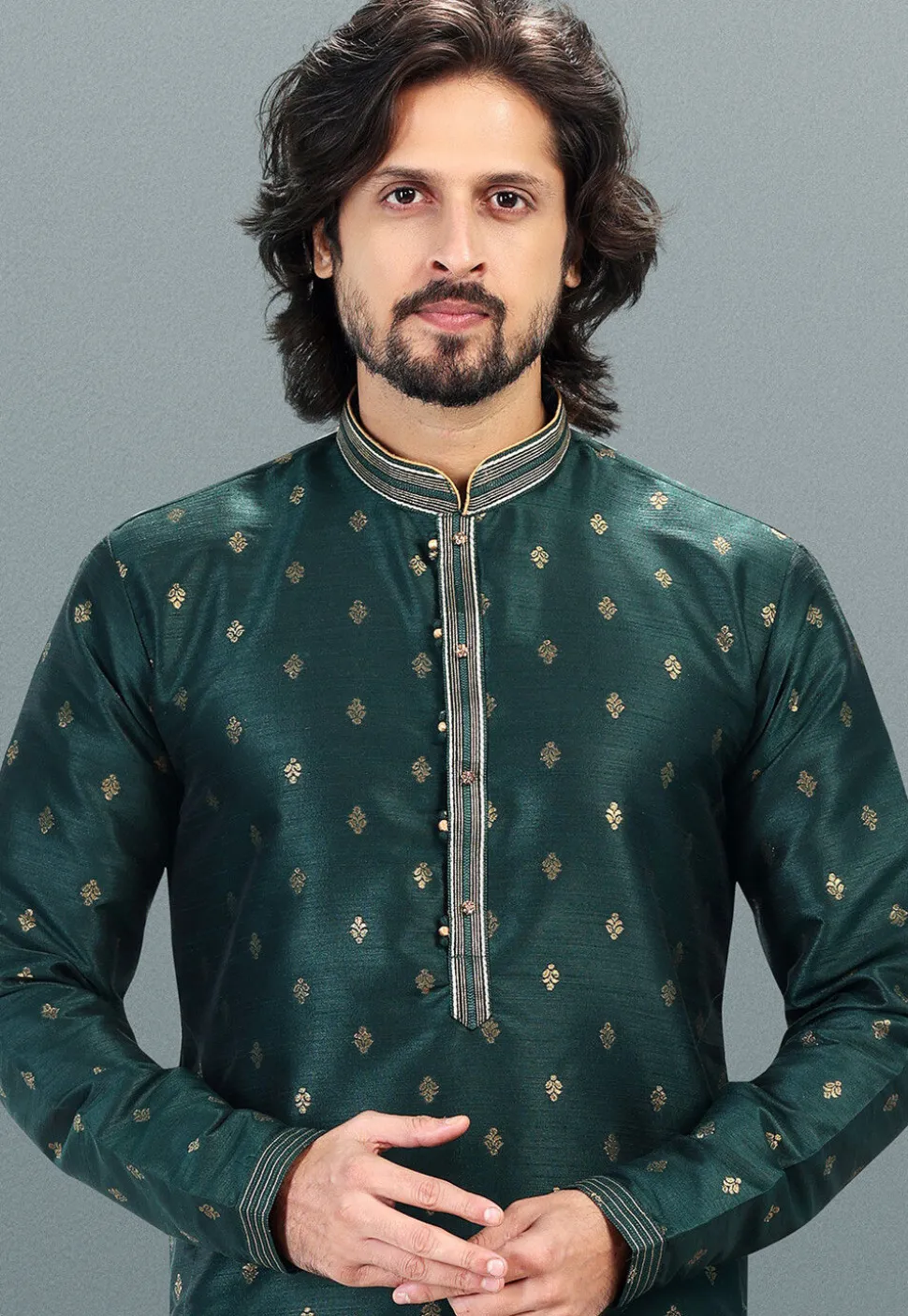 Woven Art Silk Jacquard Kurta Set in Dark Teal Green