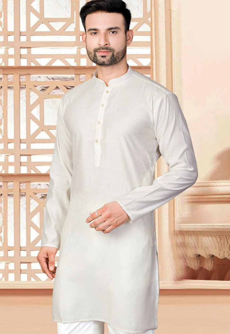 Woven Art Silk Jacquard Kurta in Cream