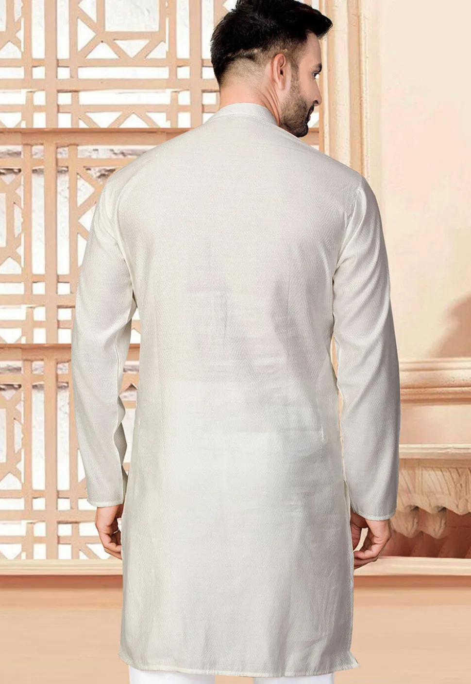 Woven Art Silk Jacquard Kurta in Cream