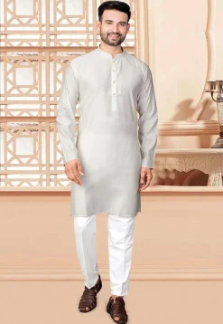 Woven Art Silk Jacquard Kurta in Cream