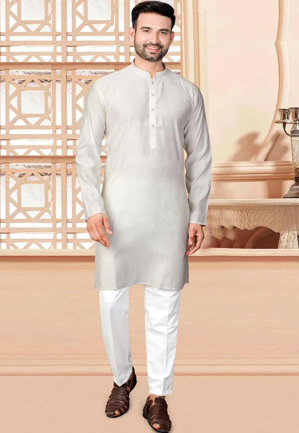 Woven Art Silk Jacquard Kurta in Cream