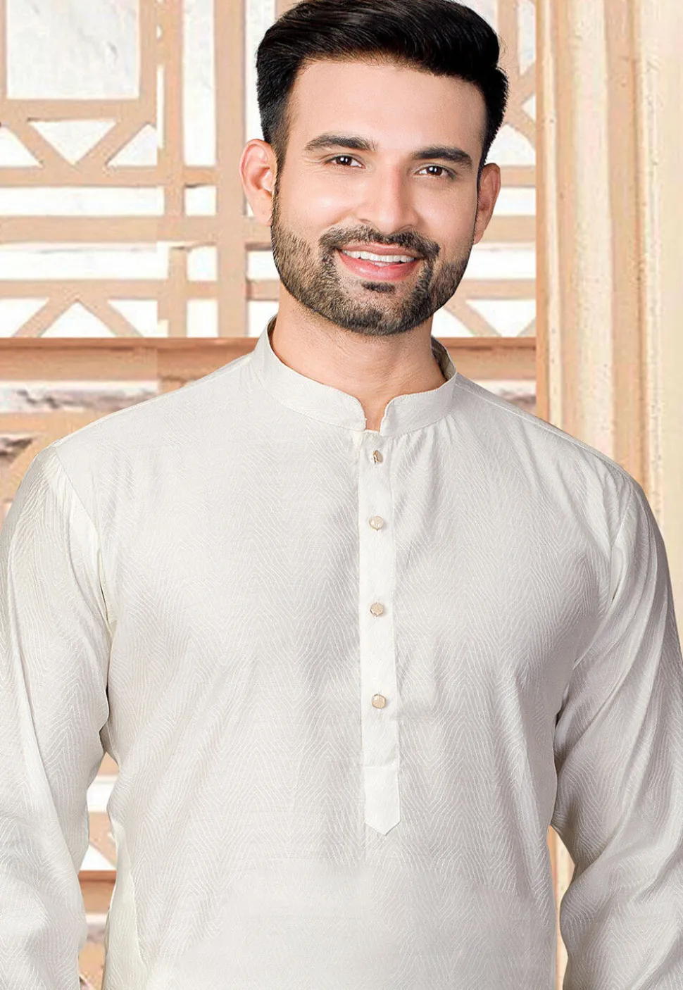Woven Art Silk Jacquard Kurta in Cream