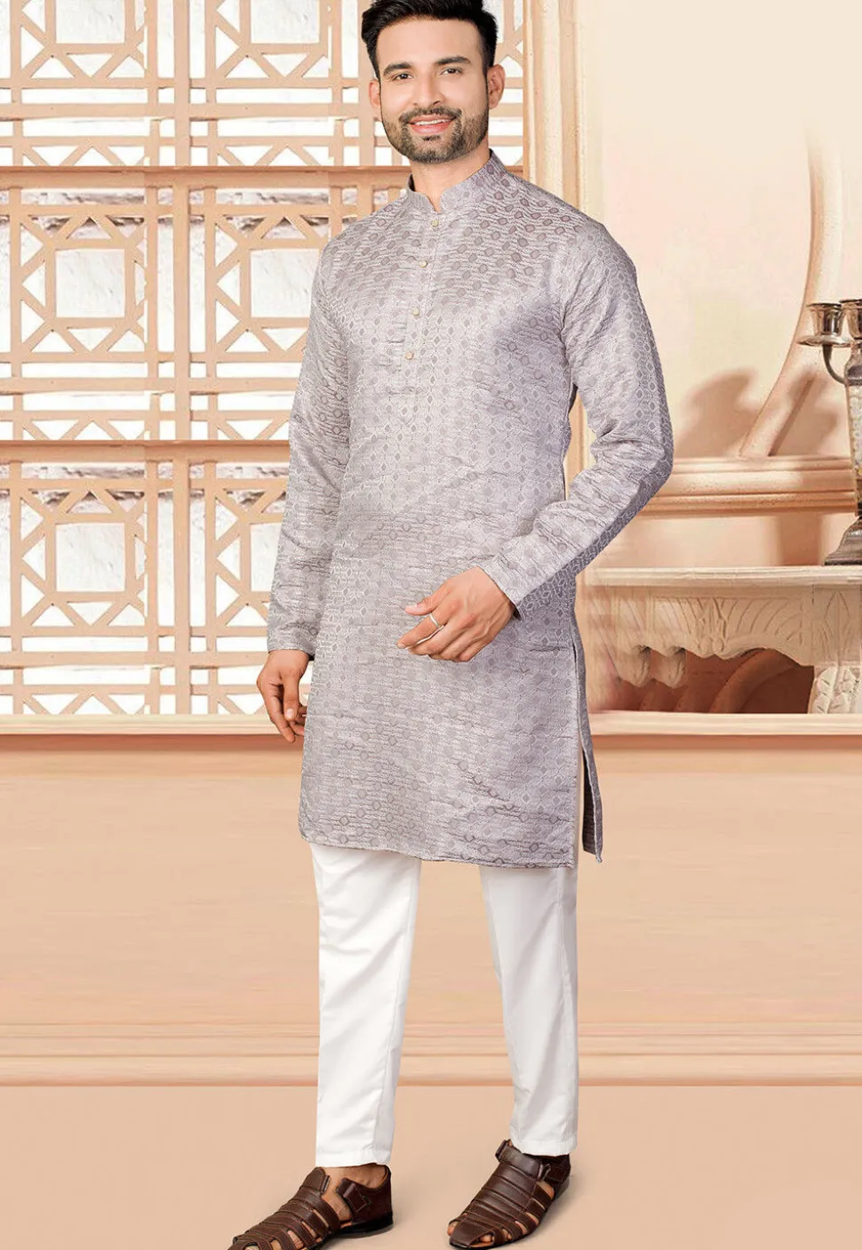 Woven Art Silk Jacquard Kurta Set in Grey