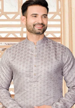 Woven Art Silk Jacquard Kurta Set in Grey