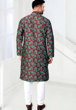 Woven Art Silk Jacquard Kurta Set in Maroon