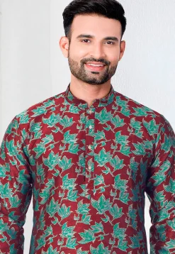 Woven Art Silk Jacquard Kurta Set in Maroon