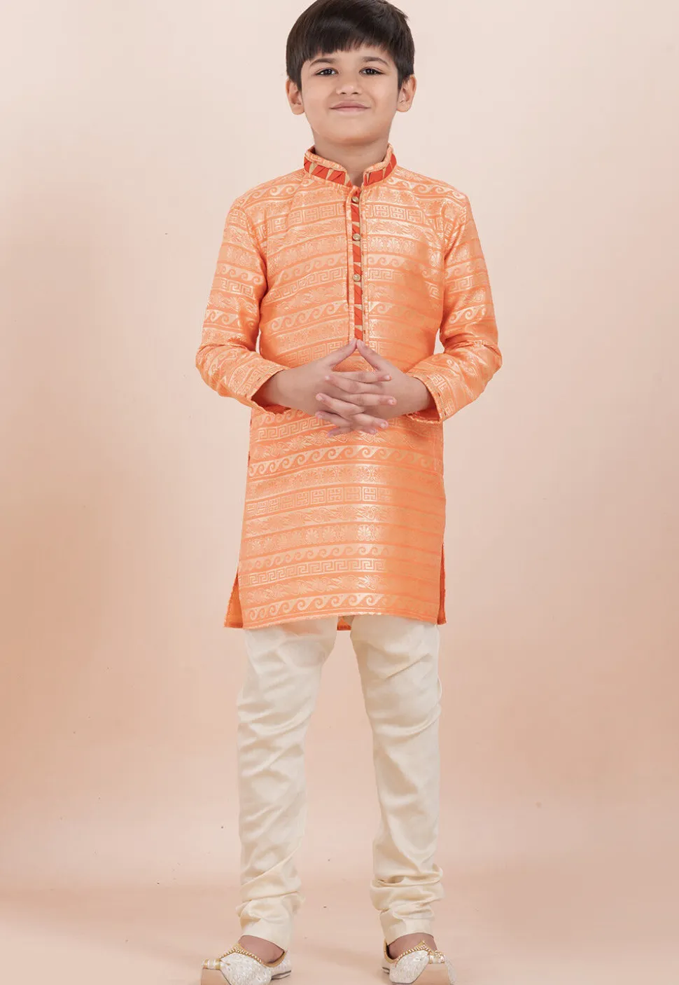 Woven Art Silk Jacquard Kurta Set in Orange