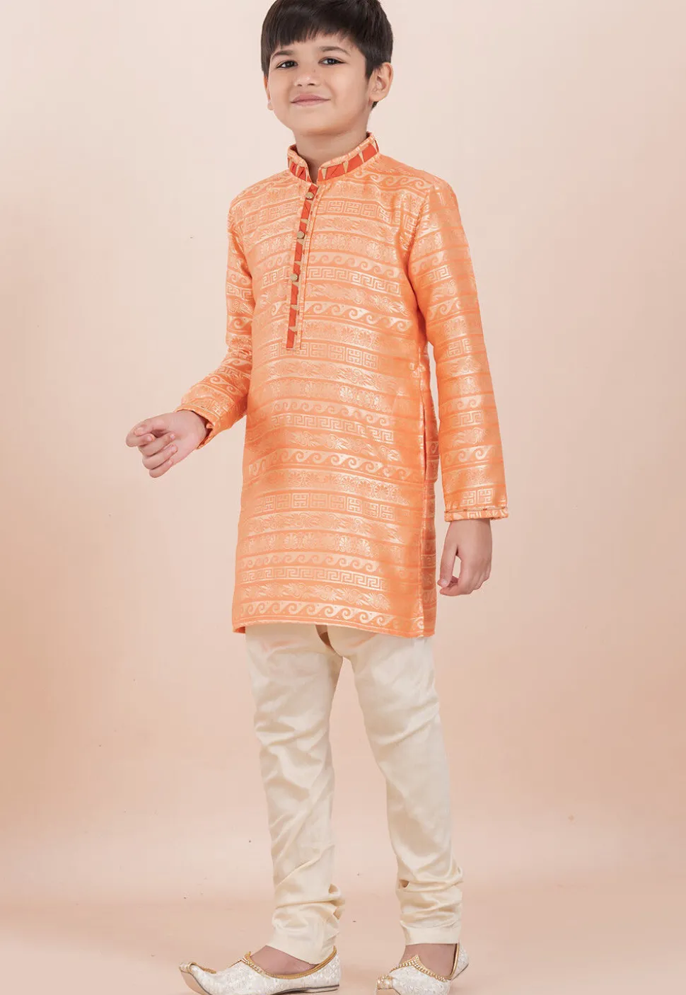 Woven Art Silk Jacquard Kurta Set in Orange