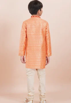 Woven Art Silk Jacquard Kurta Set in Orange
