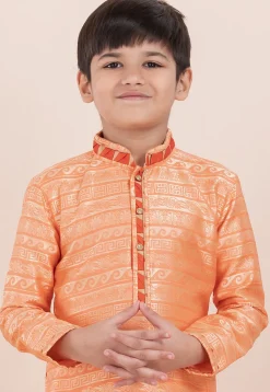 Woven Art Silk Jacquard Kurta Set in Orange