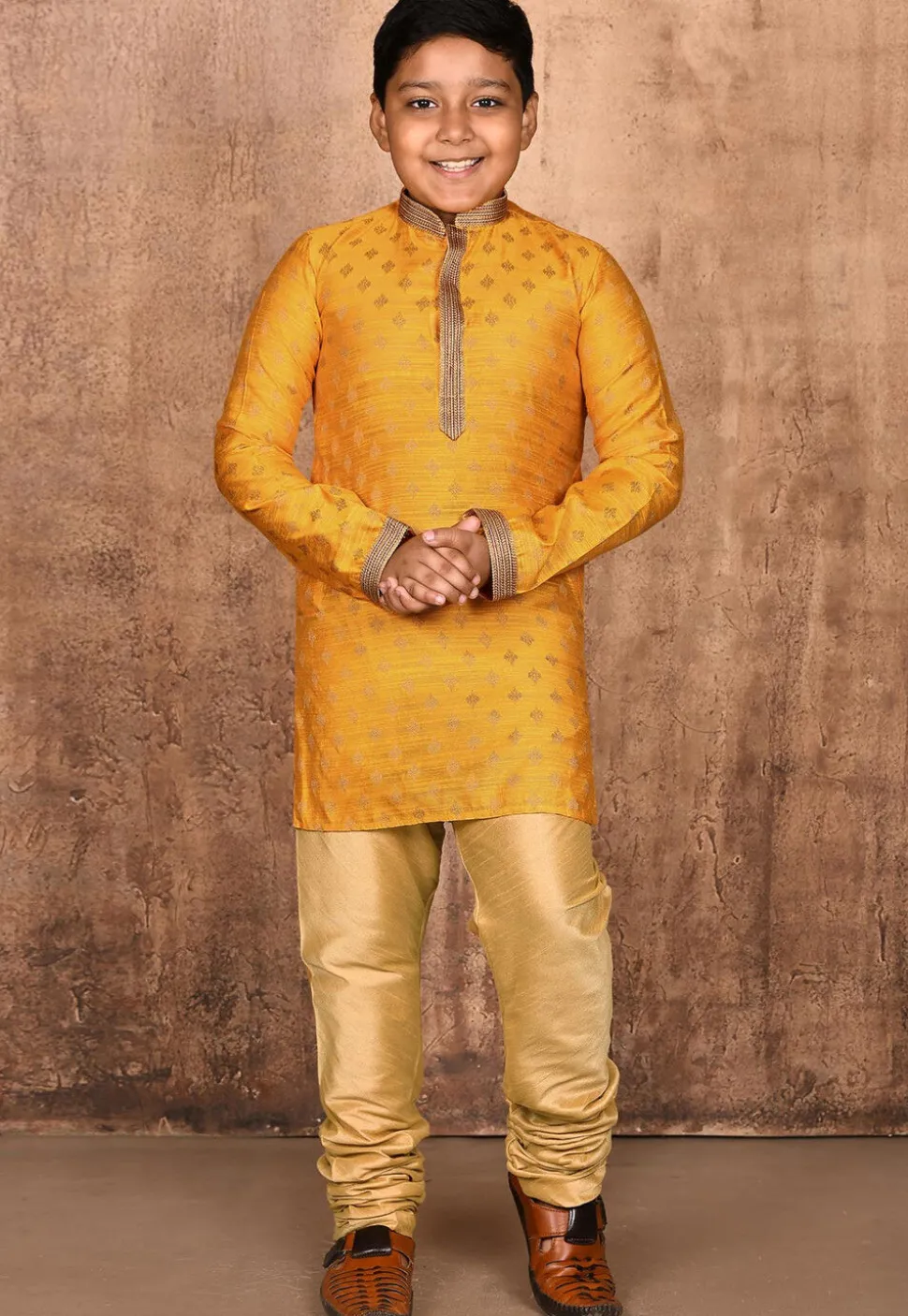 Woven Art Silk Jacquard Kurta in Mustard