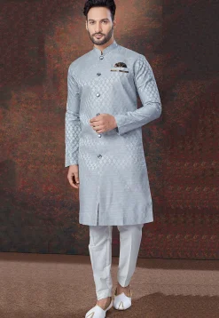 Woven Art Silk Jacquard Kurta Set in Grey
