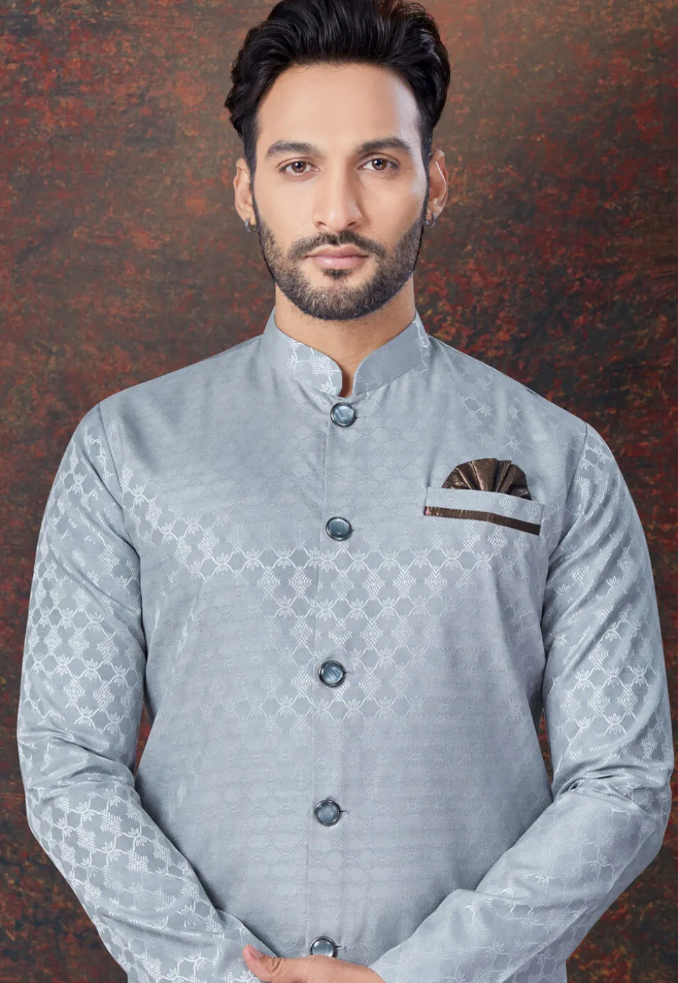 Woven Art Silk Jacquard Kurta Set in Grey