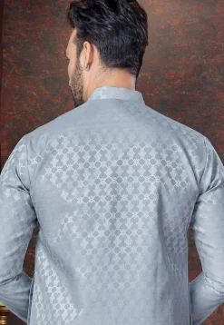 Woven Art Silk Jacquard Kurta Set in Grey