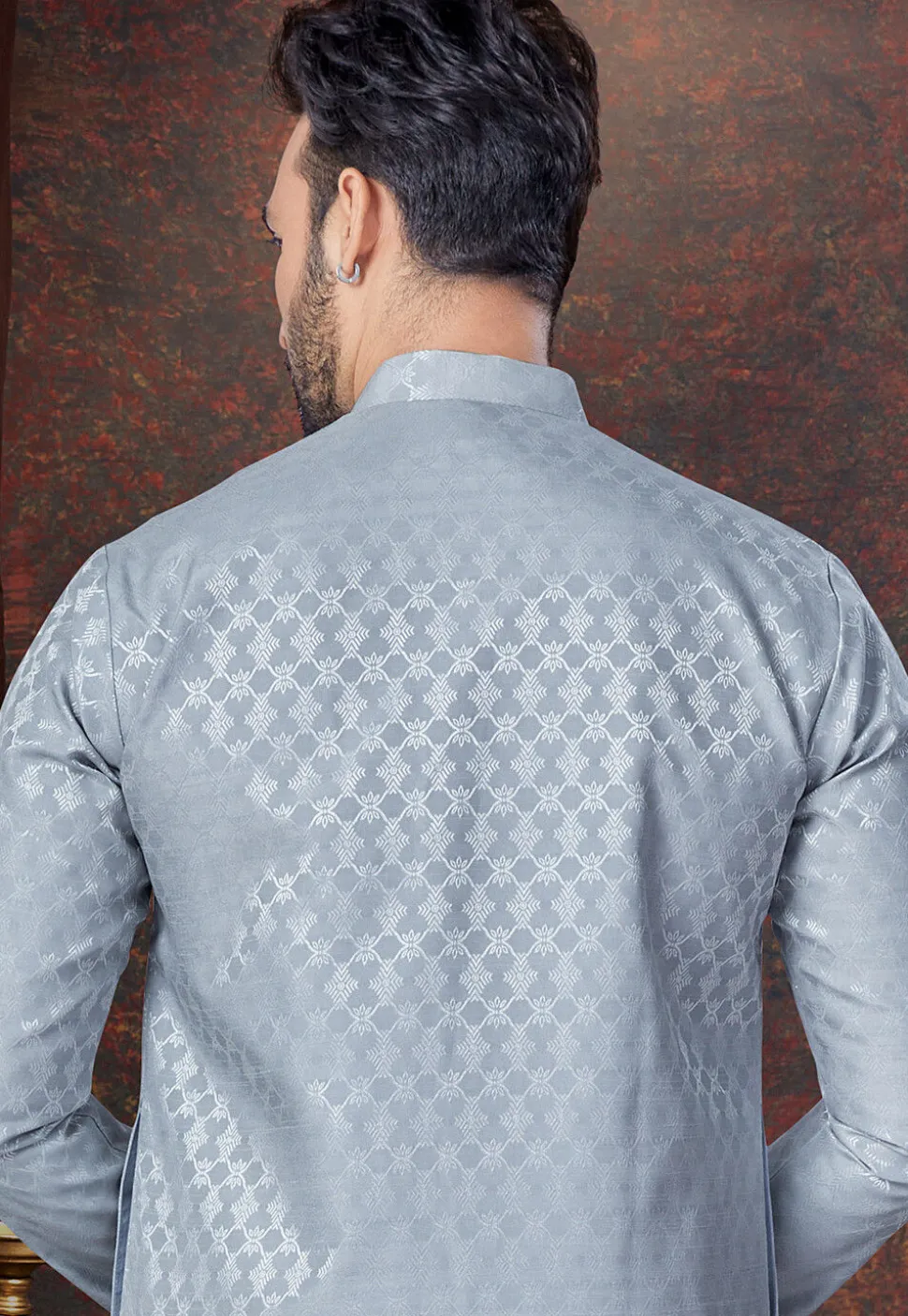 Woven Art Silk Jacquard Kurta Set in Grey