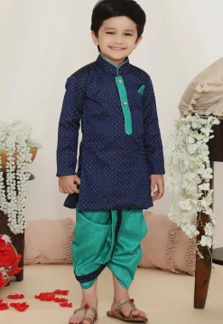 Woven Art Silk Jacquard Kurta Set in Navy Blue