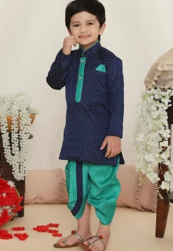 Woven Art Silk Jacquard Kurta Set in Navy Blue