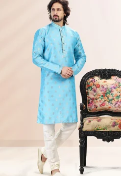 Woven Art Silk Jacquard Kurta Set in Light Blue
