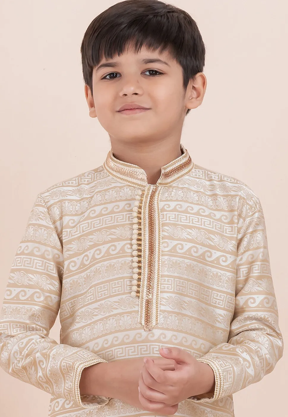 Woven Art Silk Jacquard Kurta Set in Off White