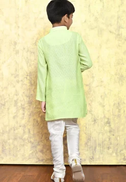 Woven Art Silk Jacquard Kurta Set in Light Green