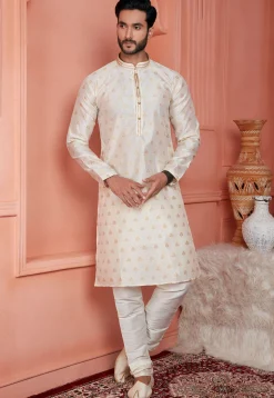 Woven Art Silk Jacquard Kurta Set in Off White