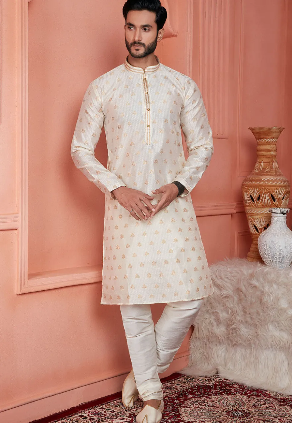 Woven Art Silk Jacquard Kurta Set in Off White