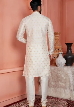 Woven Art Silk Jacquard Kurta Set in Off White