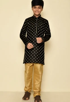 Woven Art Silk Jacquard Kurta Set in Black