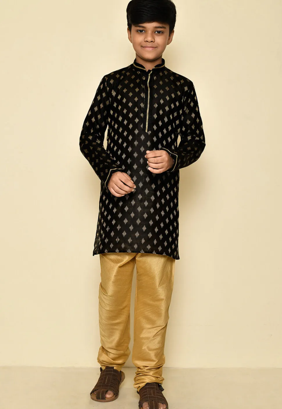 Woven Art Silk Jacquard Kurta Set in Black