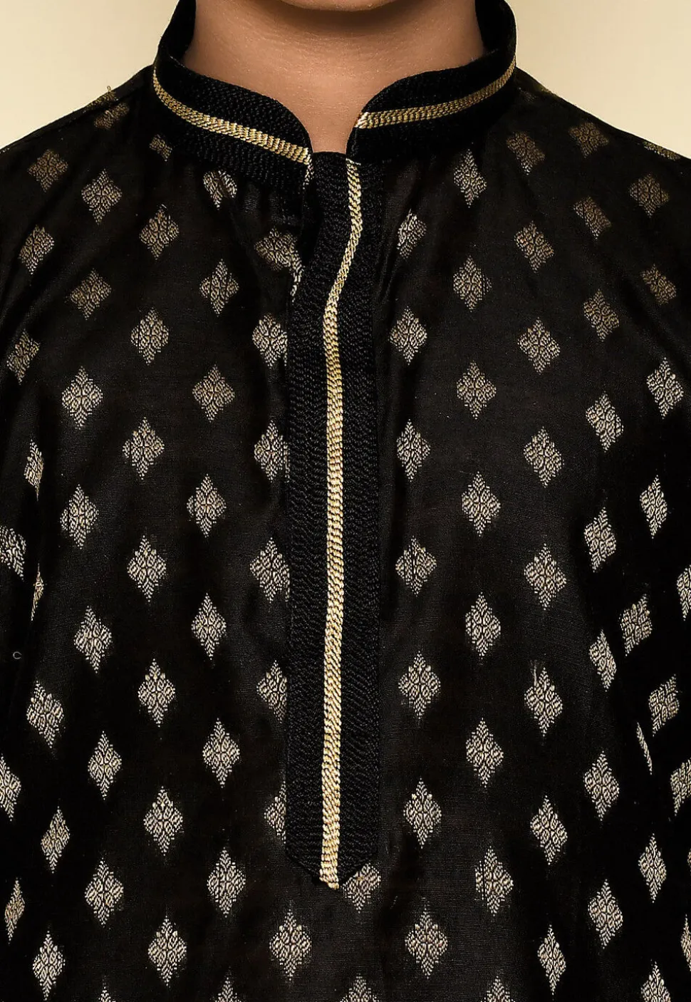 Woven Art Silk Jacquard Kurta Set in Black