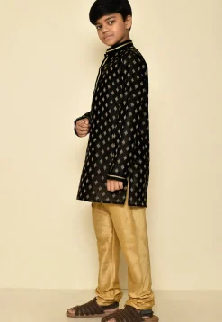Woven Art Silk Jacquard Kurta Set in Black