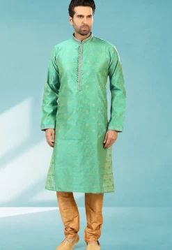 Woven Art Silk Jacquard Kurta Set in Light Teal Green