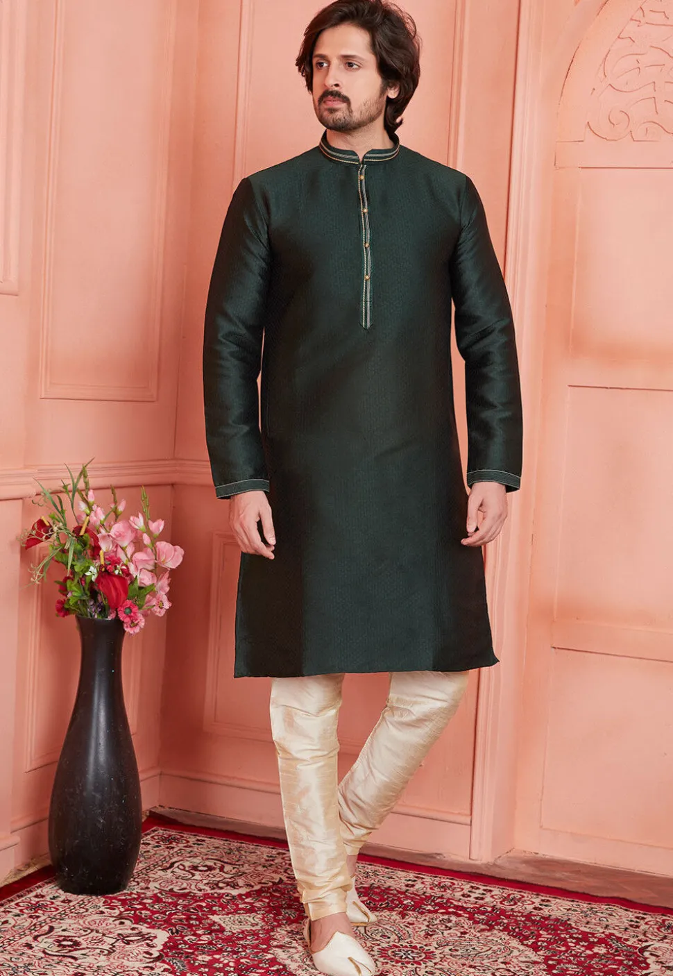 Woven Art Silk Jacquard Kurta Set in Dark Green