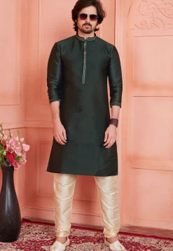Woven Art Silk Jacquard Kurta Set in Dark Green