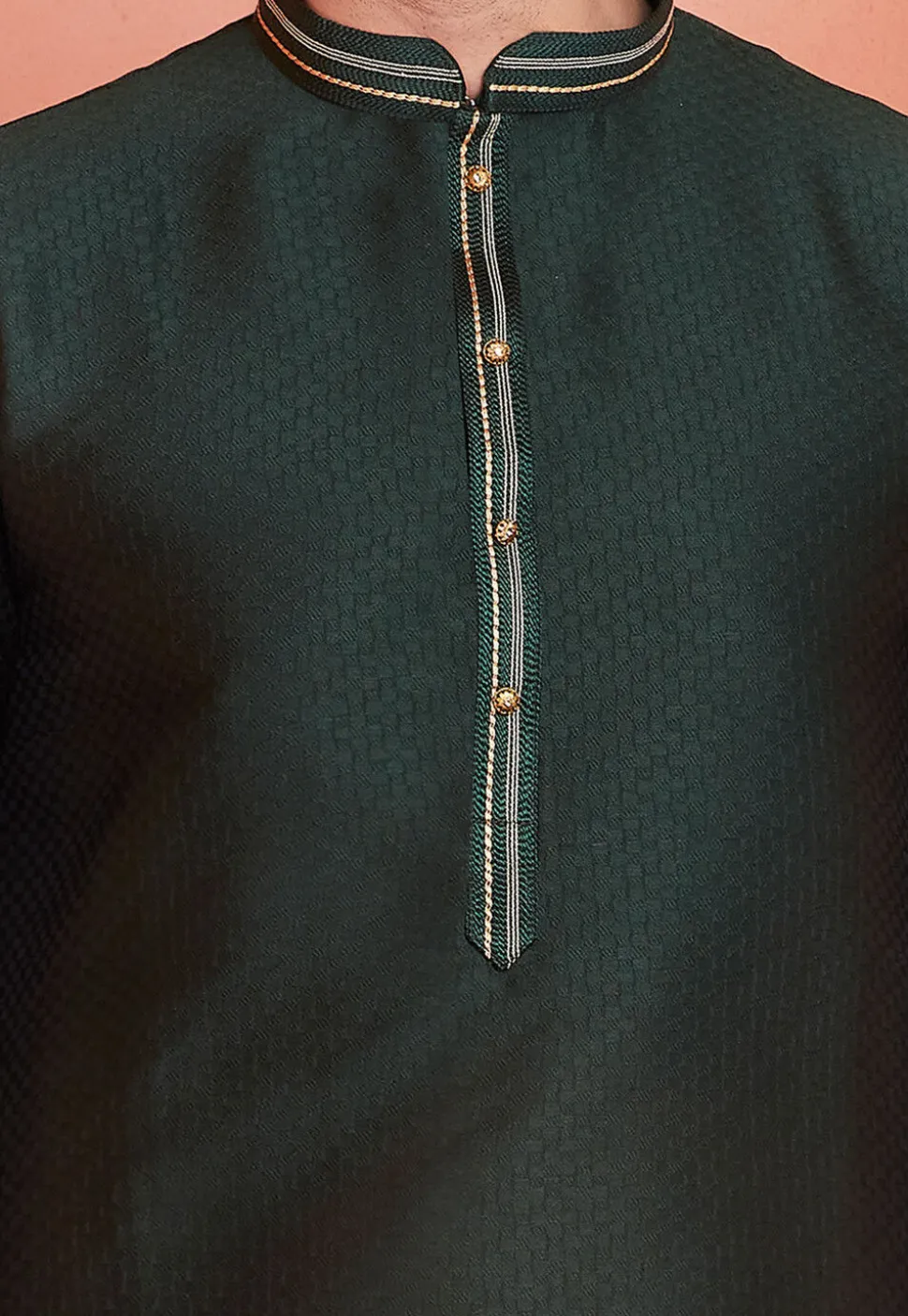 Woven Art Silk Jacquard Kurta Set in Dark Green