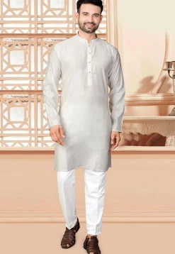 Woven Art Silk Jacquard Kurta Set in Cream