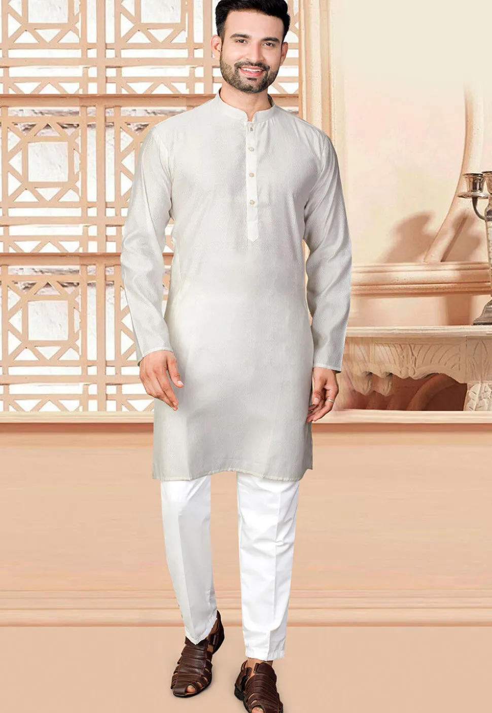 Woven Art Silk Jacquard Kurta Set in Cream