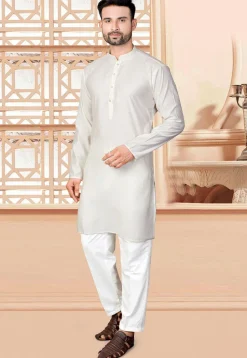 Woven Art Silk Jacquard Kurta Set in Cream