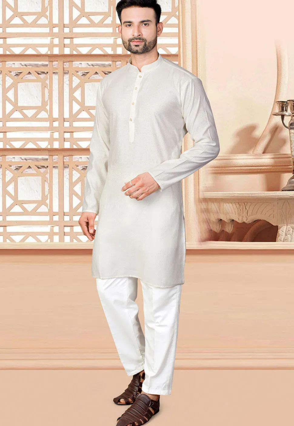 Woven Art Silk Jacquard Kurta Set in Cream