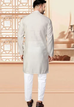 Woven Art Silk Jacquard Kurta Set in Cream