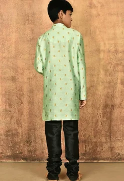 Woven Art Silk Jacquard Kurta Set in Pastel Green