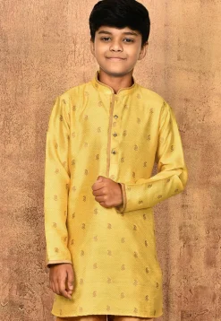 Woven Art Silk Jacquard Kurta Set in Yellow