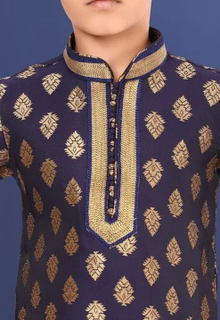 Woven Art Silk Jacquard Kurta Set in Navy Blue