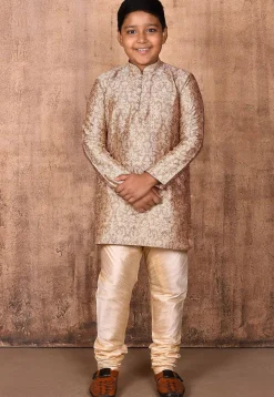 Woven Art Silk Jacquard Kurta Set in Beige