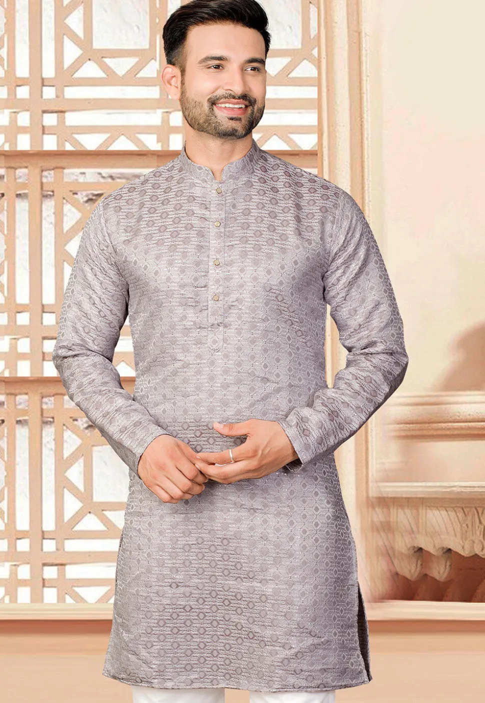 Woven Art Silk Jacquard Kurta in Grey