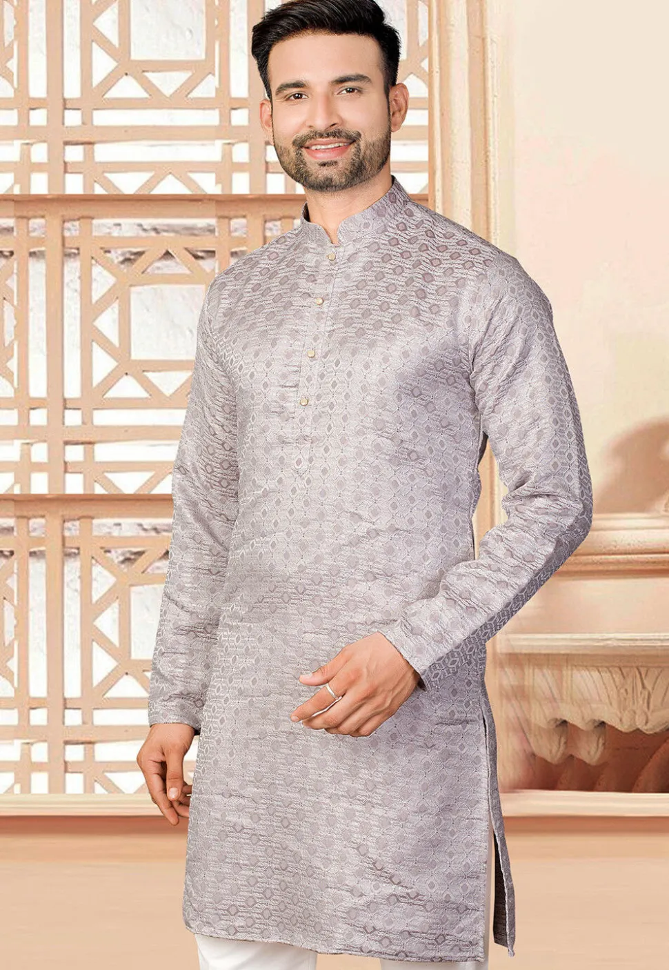 Woven Art Silk Jacquard Kurta in Grey