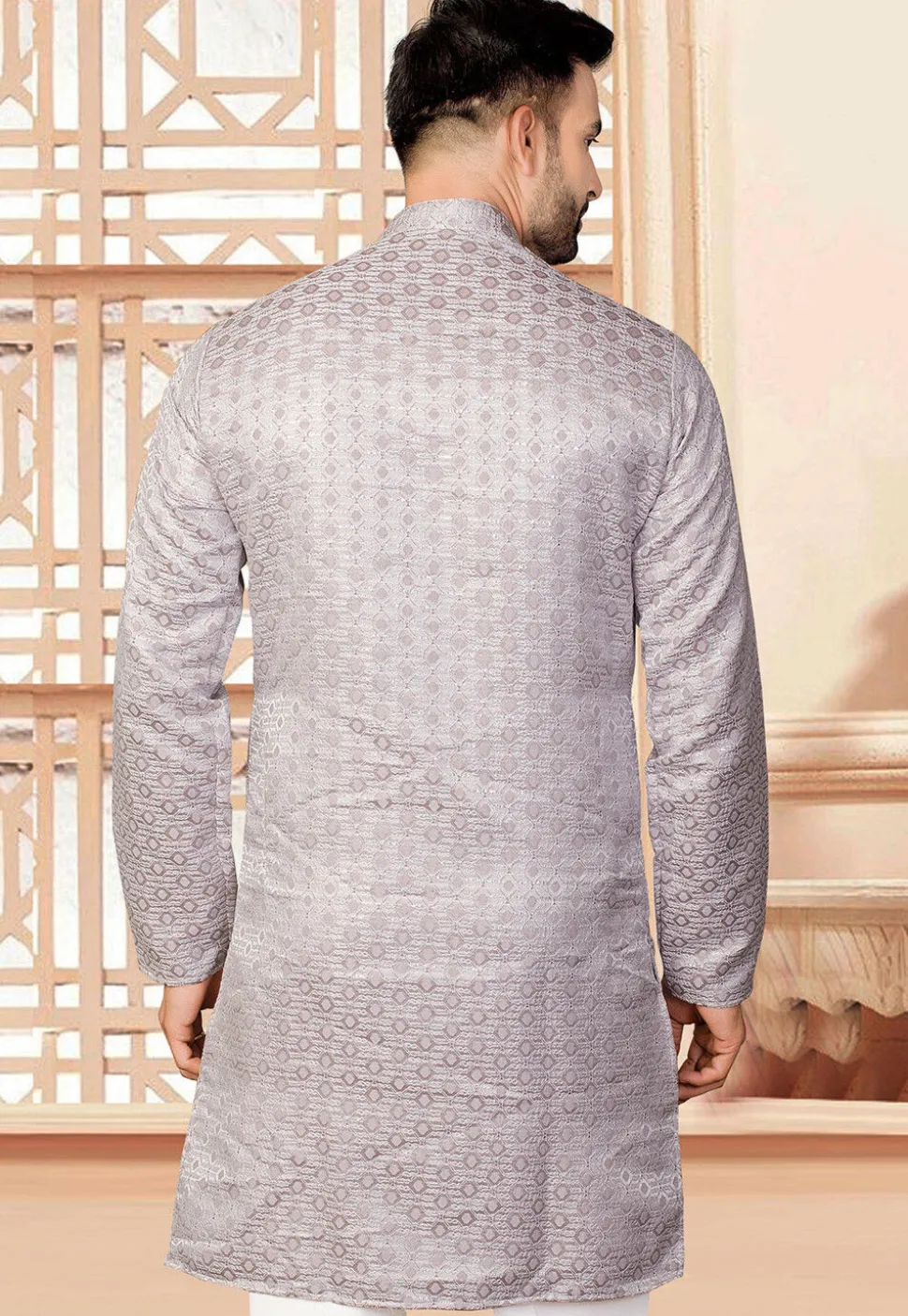 Woven Art Silk Jacquard Kurta in Grey