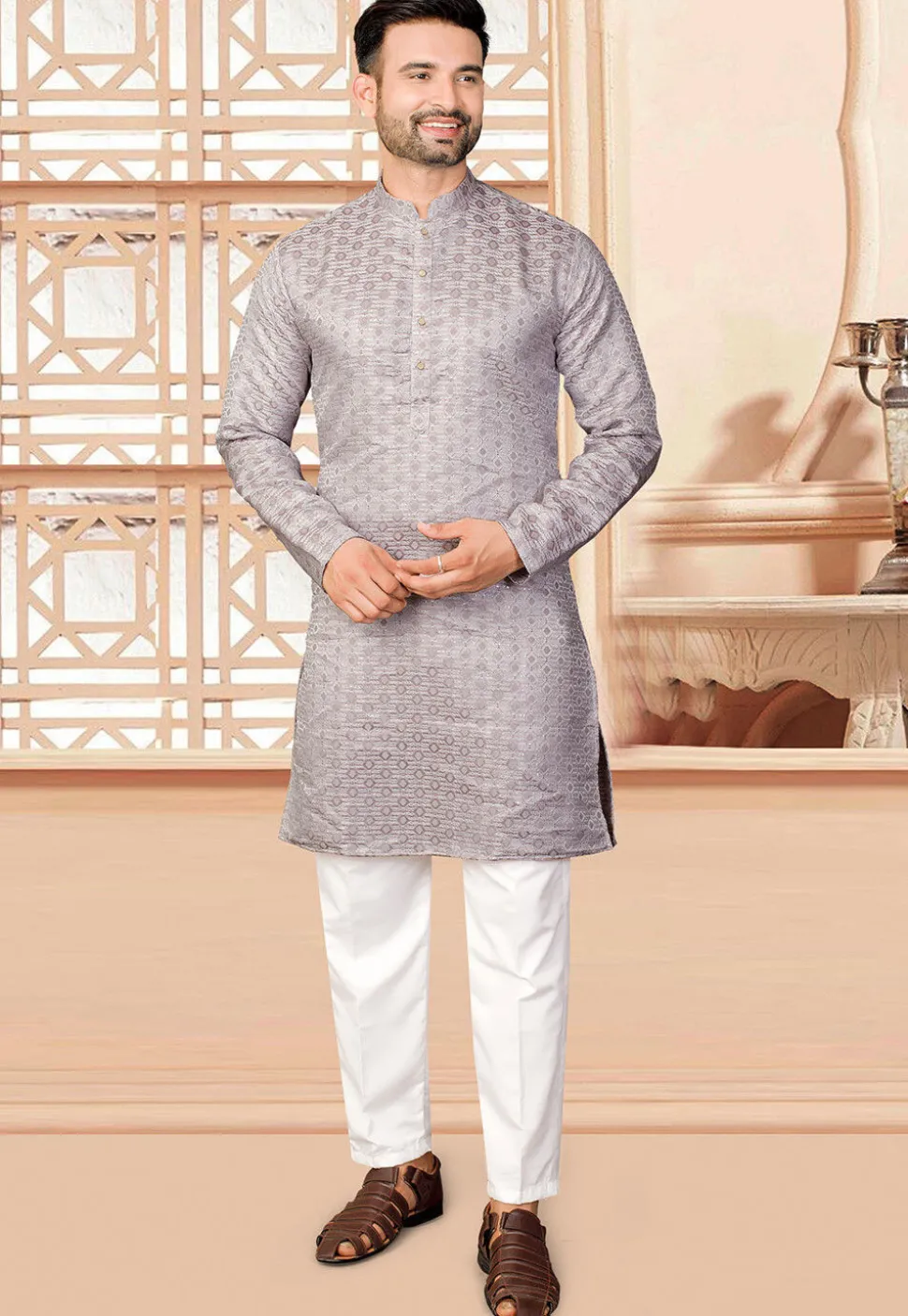 Woven Art Silk Jacquard Kurta in Grey