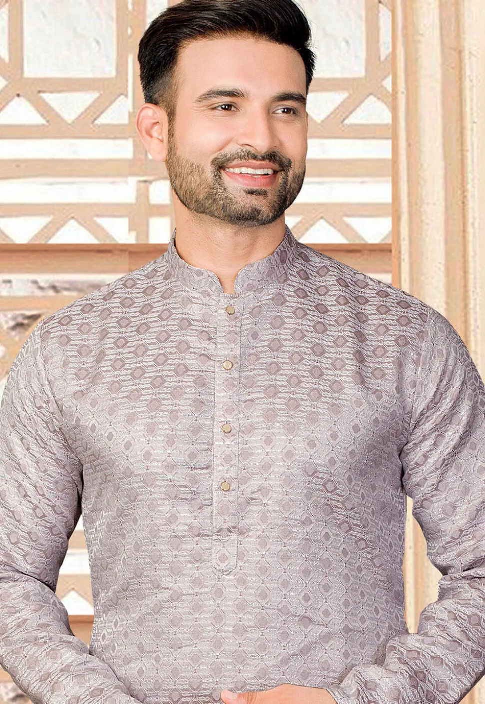 Woven Art Silk Jacquard Kurta in Grey